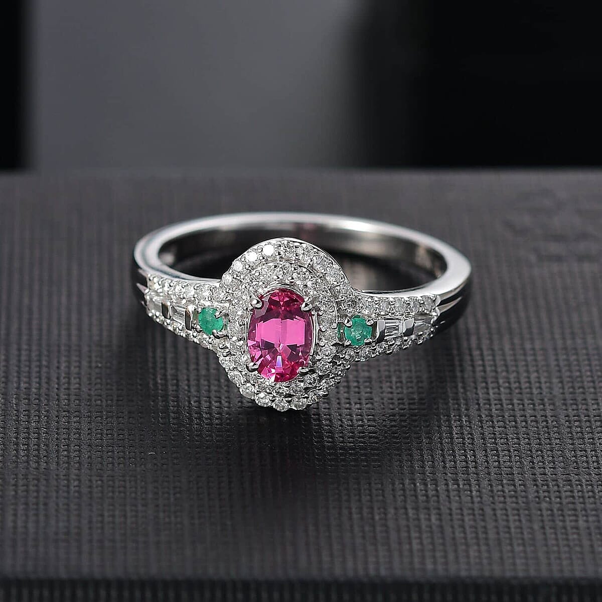 Luxoro AAA Mahenge Spinel, Boyaca Colombian Emerald and G-H I2 Diamond 1.00 ctw Radiant Rose Ring in 10K White Gold (Size 11.0) image number 1