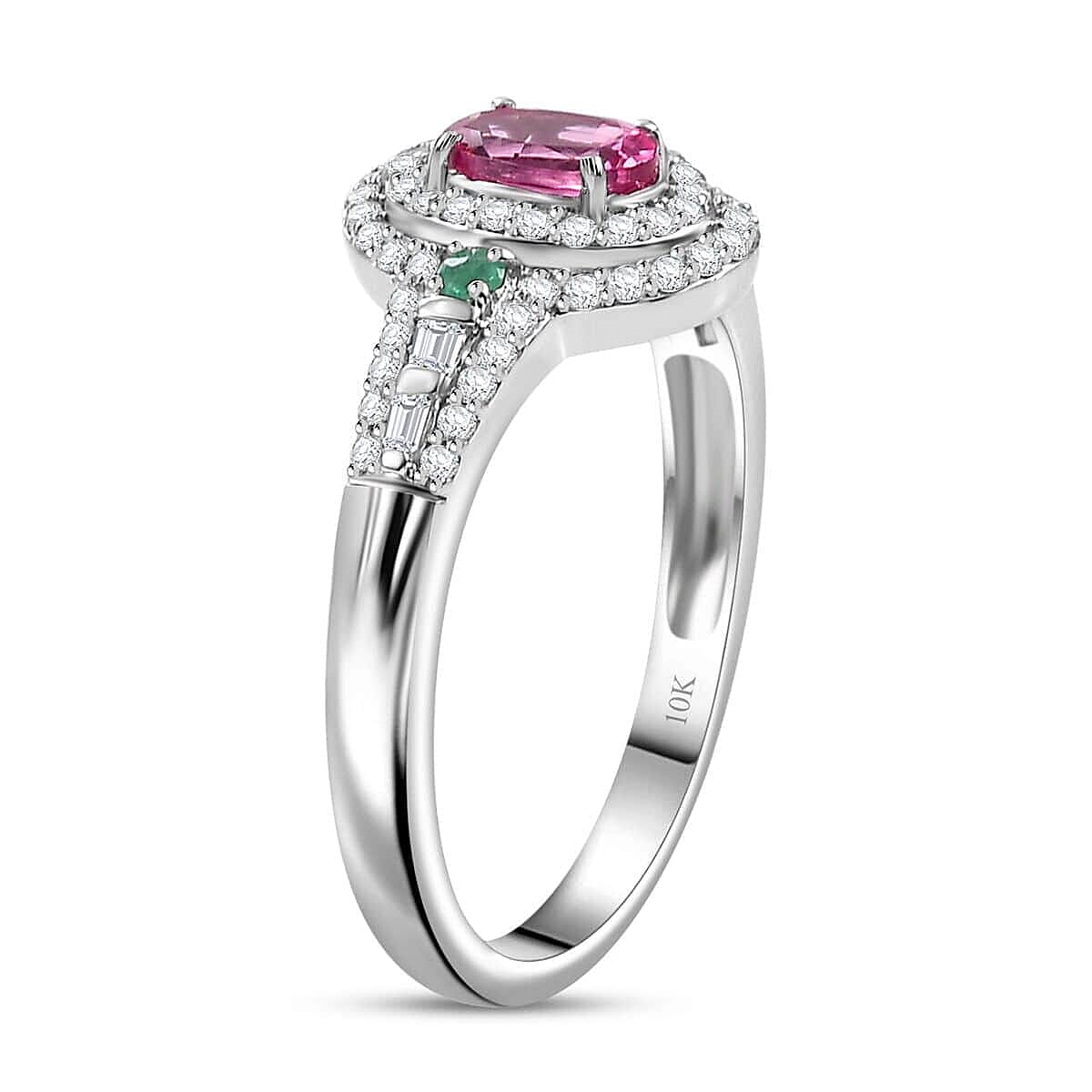 Luxoro AAA Mahenge Spinel, Boyaca Colombian Emerald and G-H I2 Diamond 1.00 ctw Radiant Rose Ring in 10K White Gold (Size 11.0) image number 3