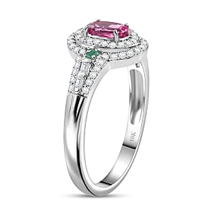 Luxoro AAA Mahenge Spinel, Boyaca Colombian Emerald and G-H I2 Diamond 1.00 ctw Radiant Rose Ring in 10K White Gold (Size 11.0)