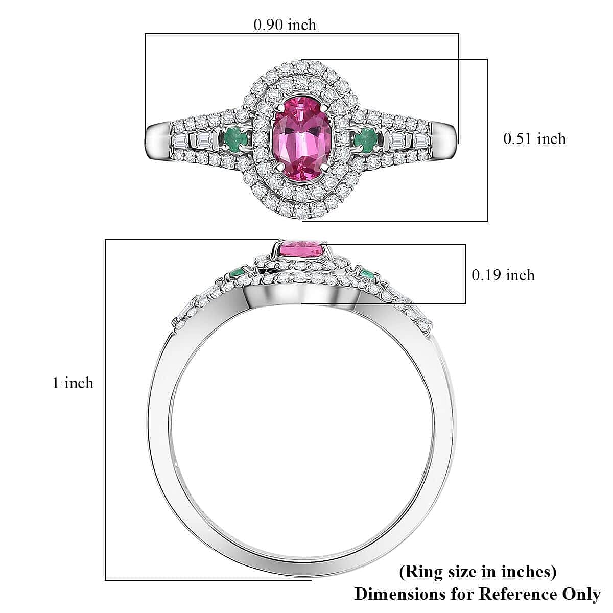 Luxoro AAA Mahenge Spinel, Boyaca Colombian Emerald and G-H I2 Diamond 1.00 ctw Radiant Rose Ring in 10K White Gold (Size 11.0) image number 5
