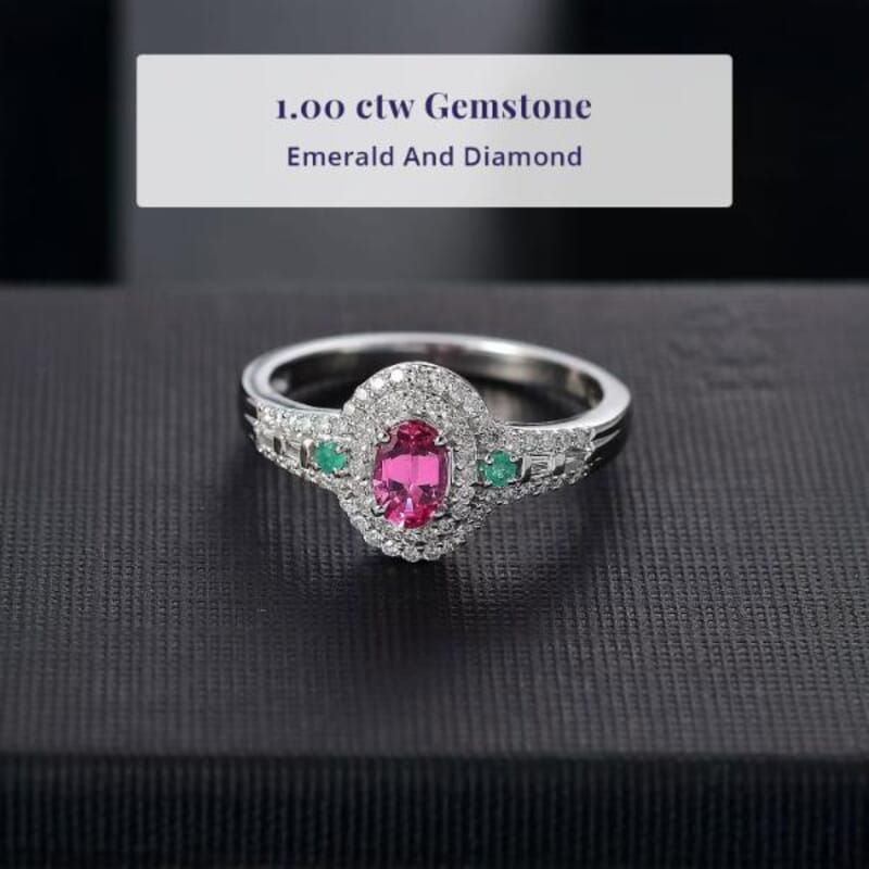 Luxoro AAA Mahenge Spinel, Boyaca Colombian Emerald and G-H I2 Diamond 1.00 ctw Radiant Rose Ring in 10K White Gold (Size 6.0)