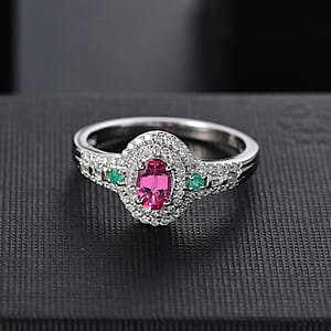 Luxoro AAA Mahenge Spinel, Boyaca Colombian Emerald and G-H I2 Diamond 1.00 ctw Radiant Rose Ring in 10K White Gold (Size 7.0)