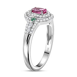 Luxoro AAA Mahenge Spinel, Boyaca Colombian Emerald and G-H I2 Diamond 1.00 ctw Radiant Rose Ring in 10K White Gold (Size 7.0)