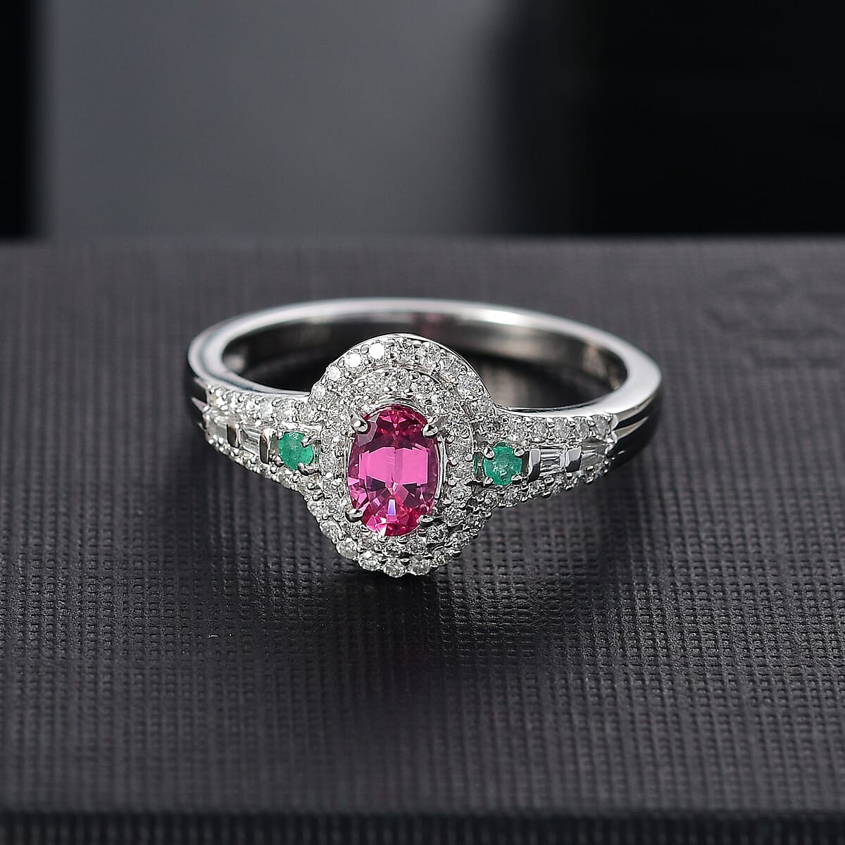 Luxoro AAA Mahenge Spinel, Boyaca Colombian Emerald and G-H I2 Diamond 1.00 ctw Radiant Rose Ring in 10K White Gold (Size 8.0) image number 1