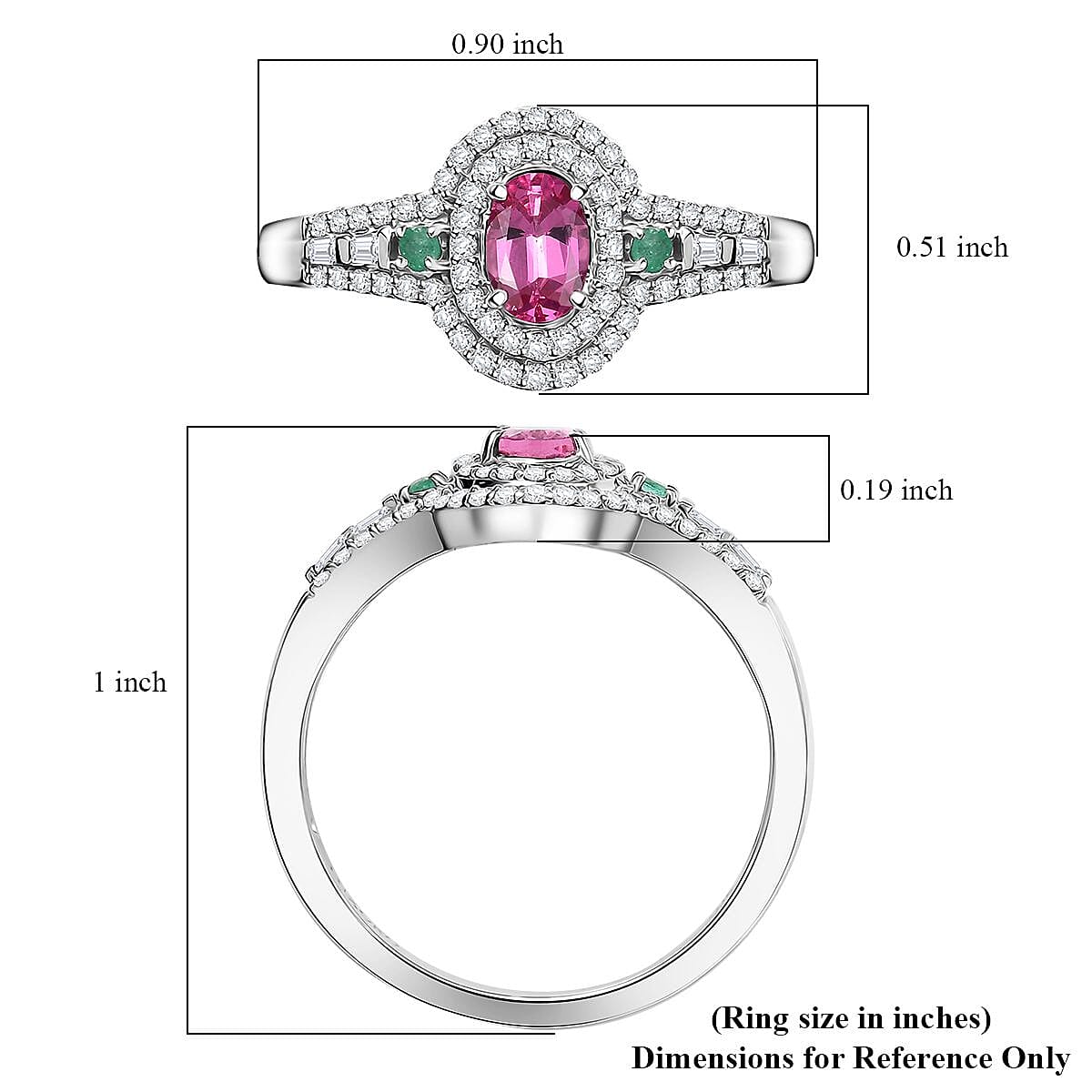 Luxoro AAA Mahenge Spinel, Boyaca Colombian Emerald and G-H I2 Diamond 1.00 ctw Radiant Rose Ring in 10K White Gold (Size 8.0) image number 5