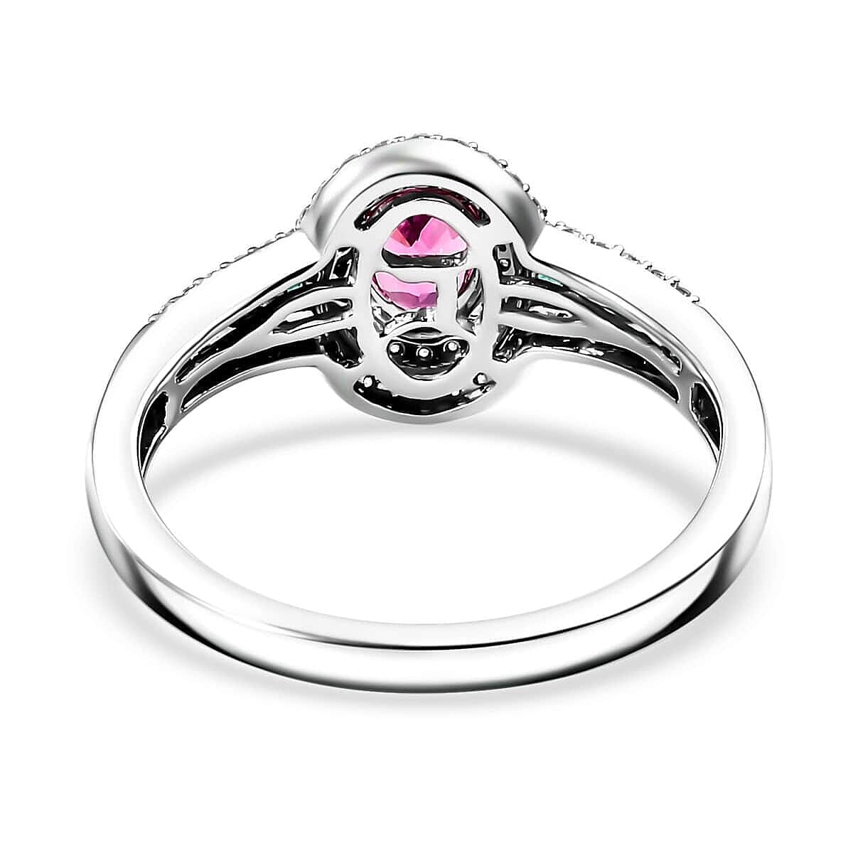 Luxoro AAA Mahenge Spinel, Boyaca Colombian Emerald and G-H I2 Diamond 1.00 ctw Radiant Rose Ring in 10K White Gold (Size 8.5) image number 4