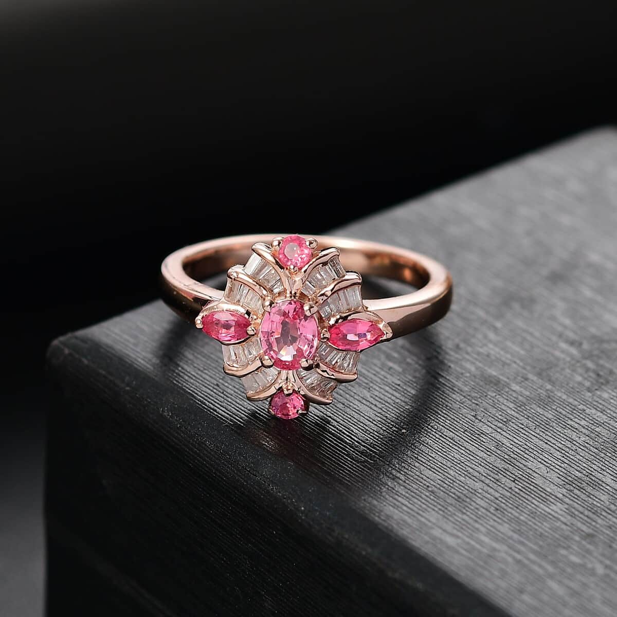 Mahenge Spinel and Diamond 0.90 ctw Starlight Blossom Ring in 18K Vermeil Rose Gold Over Sterling Silver (Size 6.0) (Del. in 10-12 Days) image number 1