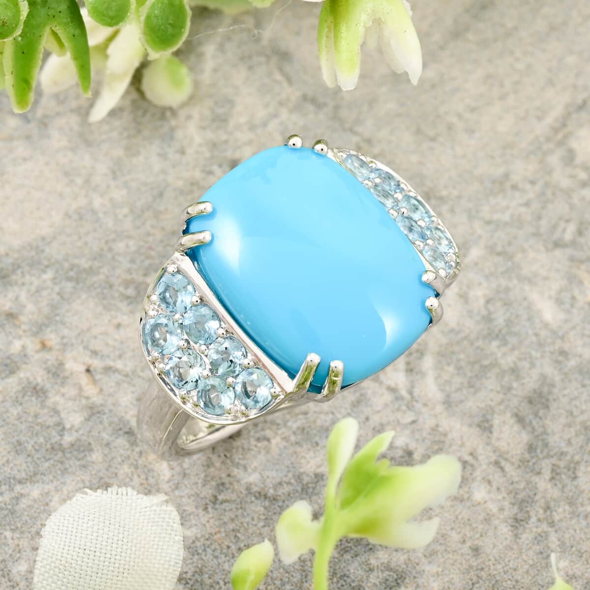 Certified & Appraised Luxoro AAA Sleeping Beauty Turquoise and Santa Maria Aquamarine 8.50 ctw Ring in 10K White Gold (Size 10.0) 5.30 Grams image number 1