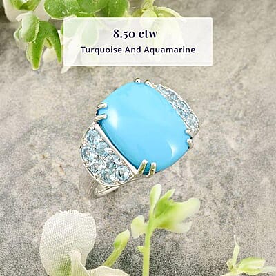 Certified & Appraised Luxoro 10K White Gold AAA Sleeping Beauty Turquoise, Santa Maria Aquamarine Ring (Size 11.0) (5.30 g) 8.50 ctw