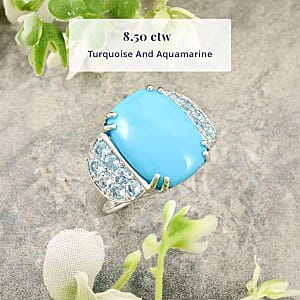 Certified & Appraised Luxoro 10K White Gold AAA Sleeping Beauty Turquoise, Santa Maria Aquamarine Ring (Size 5.0) (5.30 g) 8.50 ctw