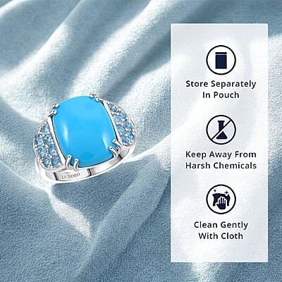 Certified & Appraised Luxoro AAA Sleeping Beauty Turquoise and Santa Maria Aquamarine 8.50 ctw Ring in 10K White Gold (Size 8.0) 5.30 Grams