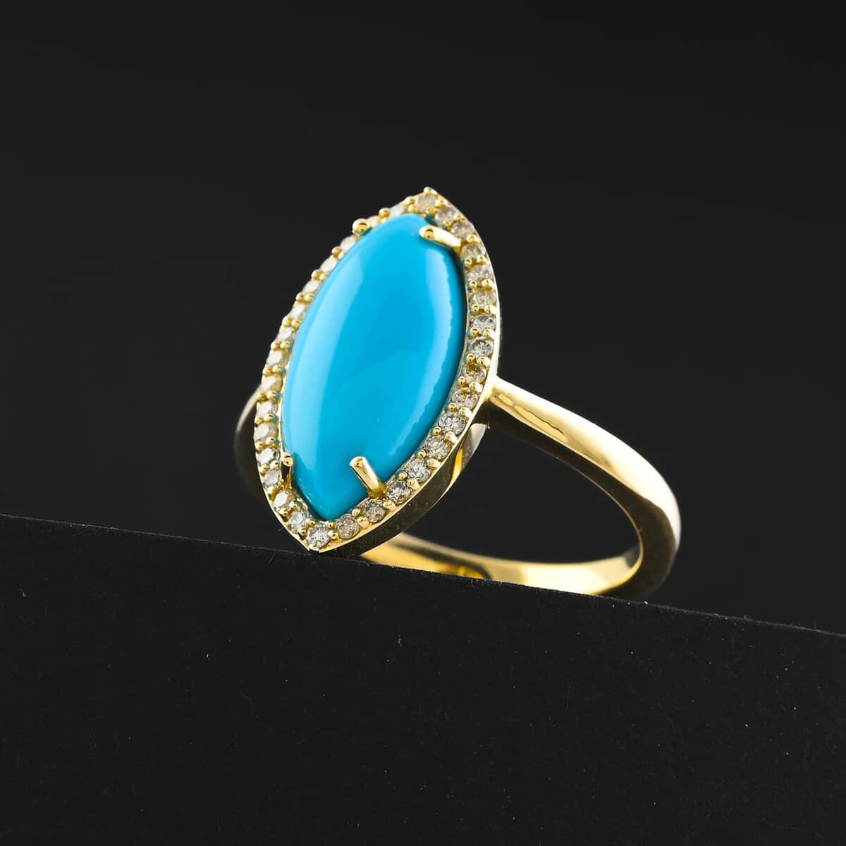 Doorbuster Certified & Appraised Luxoro 10K Yellow Gold AAA Sleeping Beauty Turquoise, Diamond (G-H, I2) (0.26 cts) Ring (Size 10.0) (4 g) 3.55 ctw image number 1