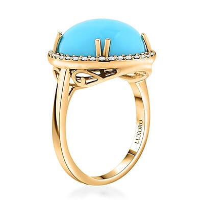 Certified & Appraised Luxoro AAA Sleeping Beauty Turquoise and G-H I2 Diamond 8.65 ctw Ring in 10K Yellow Gold (Size 10.0) 4.30 Grams