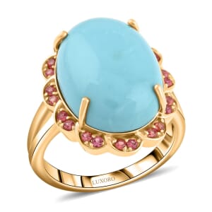 Certified & Appraised Luxoro AAA Sleeping Beauty Turquoise and Padparadscha Sapphire 9.75 ctw Ring in 10K Yellow Gold (Size 10.0) 6.15 Grams