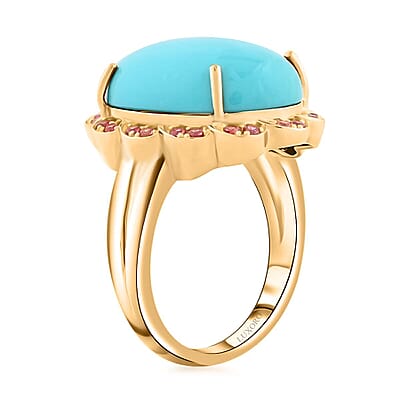 Certified & Appraised Luxoro AAA Sleeping Beauty Turquoise and Padparadscha Sapphire 9.75 ctw Ring in 10K Yellow Gold (Size 10.0) 6.15 Grams