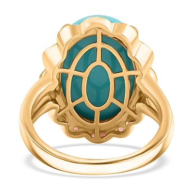 Certified & Appraised Luxoro AAA Sleeping Beauty Turquoise and Padparadscha Sapphire 9.75 ctw Ring in 10K Yellow Gold (Size 10.0) 6.15 Grams