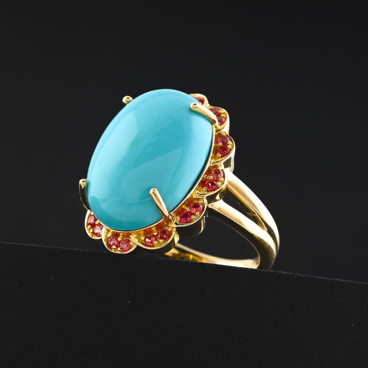 Doorbuster Certified & Appraised Luxoro AAA Sleeping Beauty Turquoise and Songea Sapphire 9.75 ctw Ring in 10K Yellow Gold (Size 6.0) 6.15 Grams image number 1