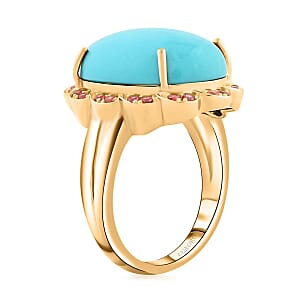 Certified & Appraised Luxoro AAA Sleeping Beauty Turquoise and Padparadscha Sapphire 9.75 ctw Ring in 10K Yellow Gold (Size 7.0) 6.15 Grams
