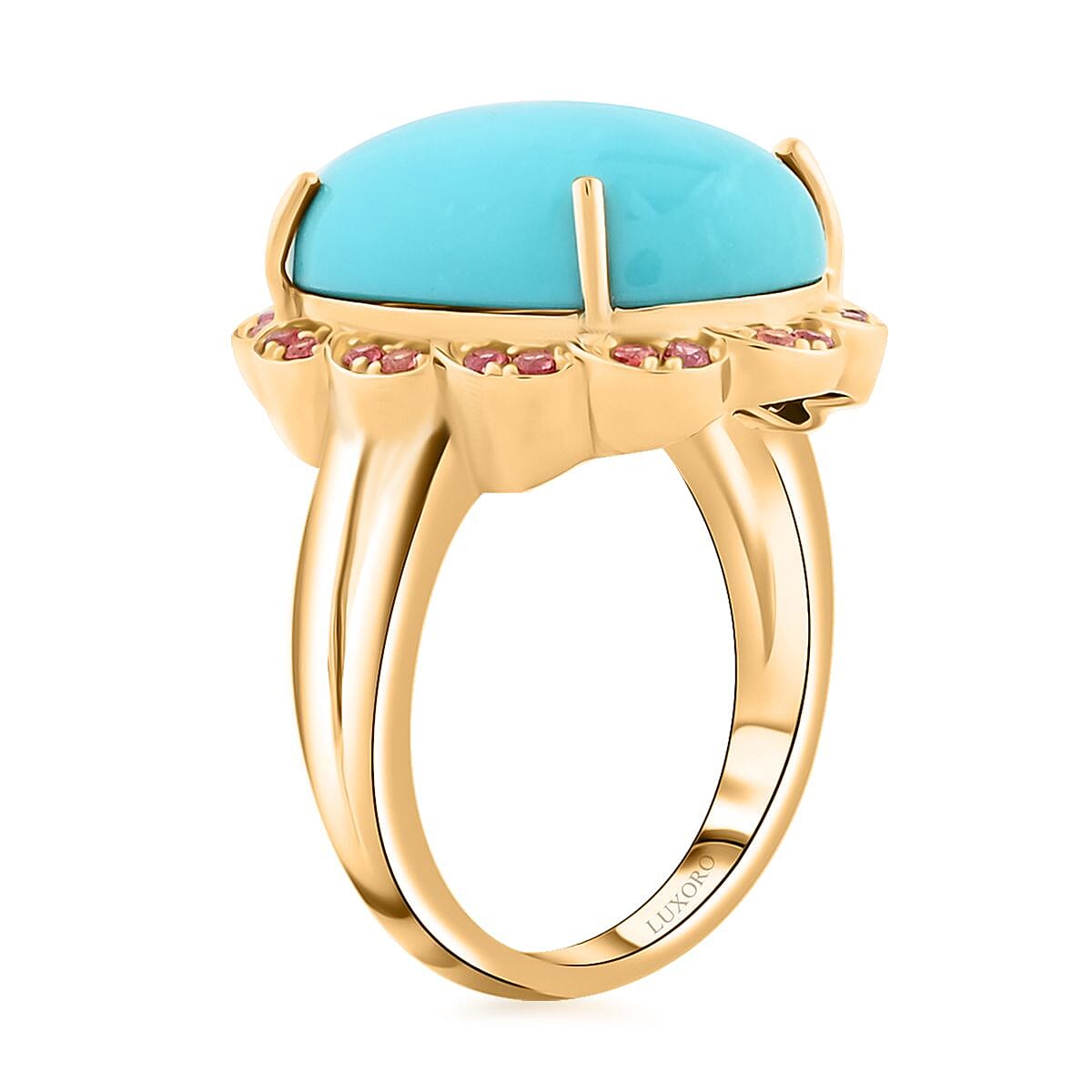Certified & Appraised Luxoro AAA Sleeping Beauty Turquoise and Padparadscha Sapphire 9.75 ctw Ring in 10K Yellow Gold (Size 9.0) 6.15 Grams image number 3