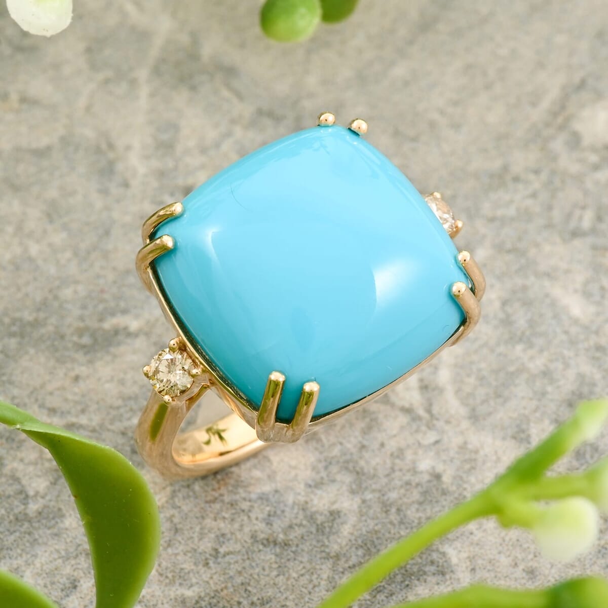 Certified & Appraised Luxoro 10K Yellow Gold AAA Sleeping Beauty Turquoise, Diamond (G-H, I2) (0.16 cts) Ring (Size 5.0) (4.60 g) 10.65 ctw image number 1