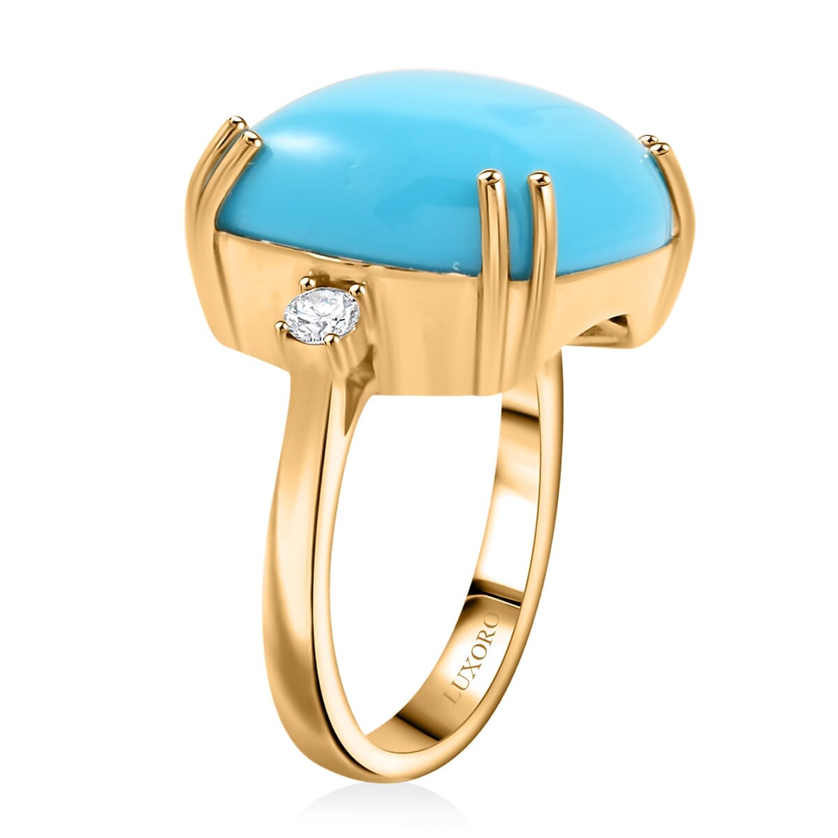 Certified & Appraised Luxoro 10K Yellow Gold AAA Sleeping Beauty Turquoise, Diamond (G-H, I2) (0.16 cts) Ring (Size 5.0) (4.60 g) 10.65 ctw image number 3