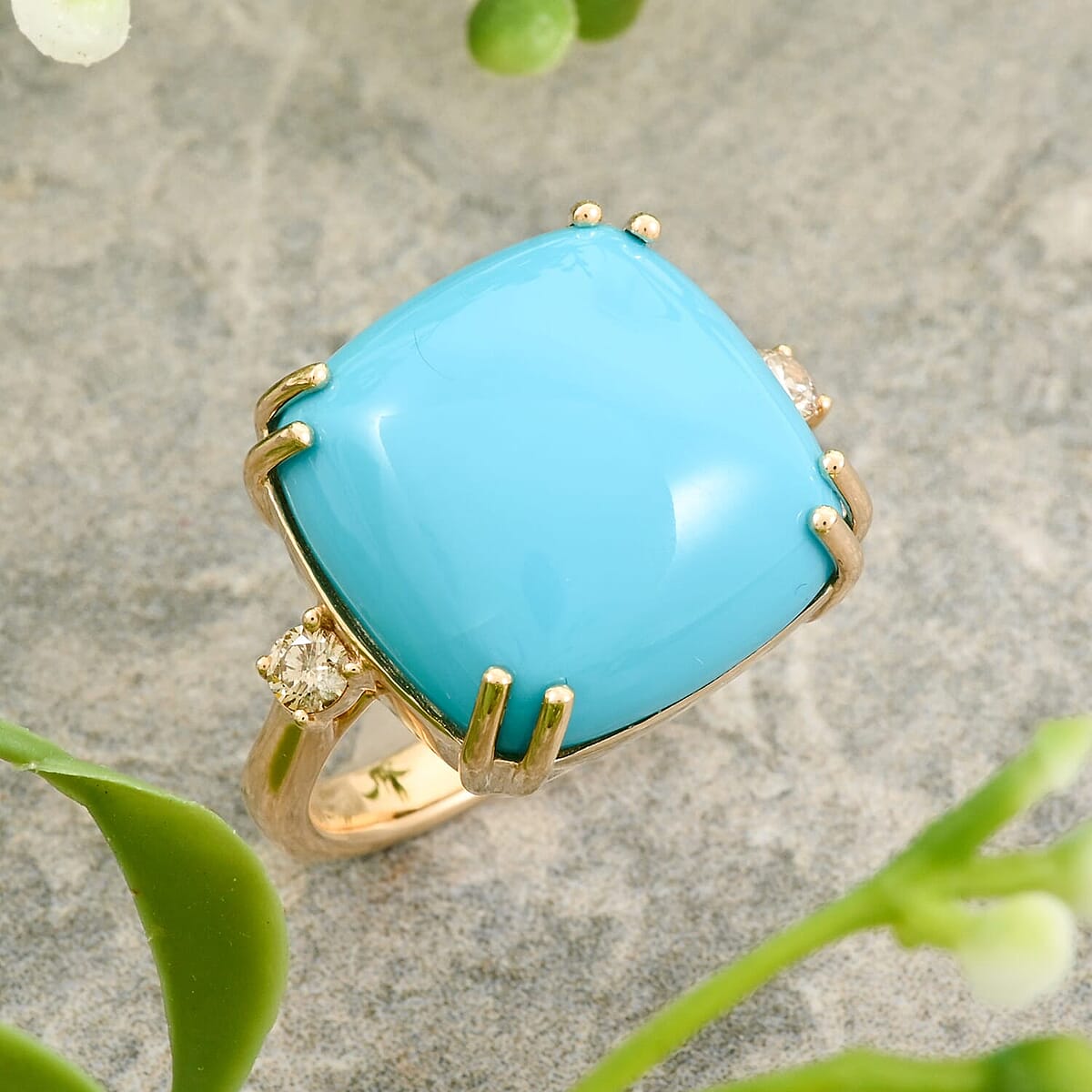 Certified & Appraised Luxoro 10K Yellow Gold AAA Sleeping Beauty Turquoise, Diamond (G-H, I2) (0.16 cts) Ring (Size 5.5) (4.60 g) 10.65 ctw image number 1