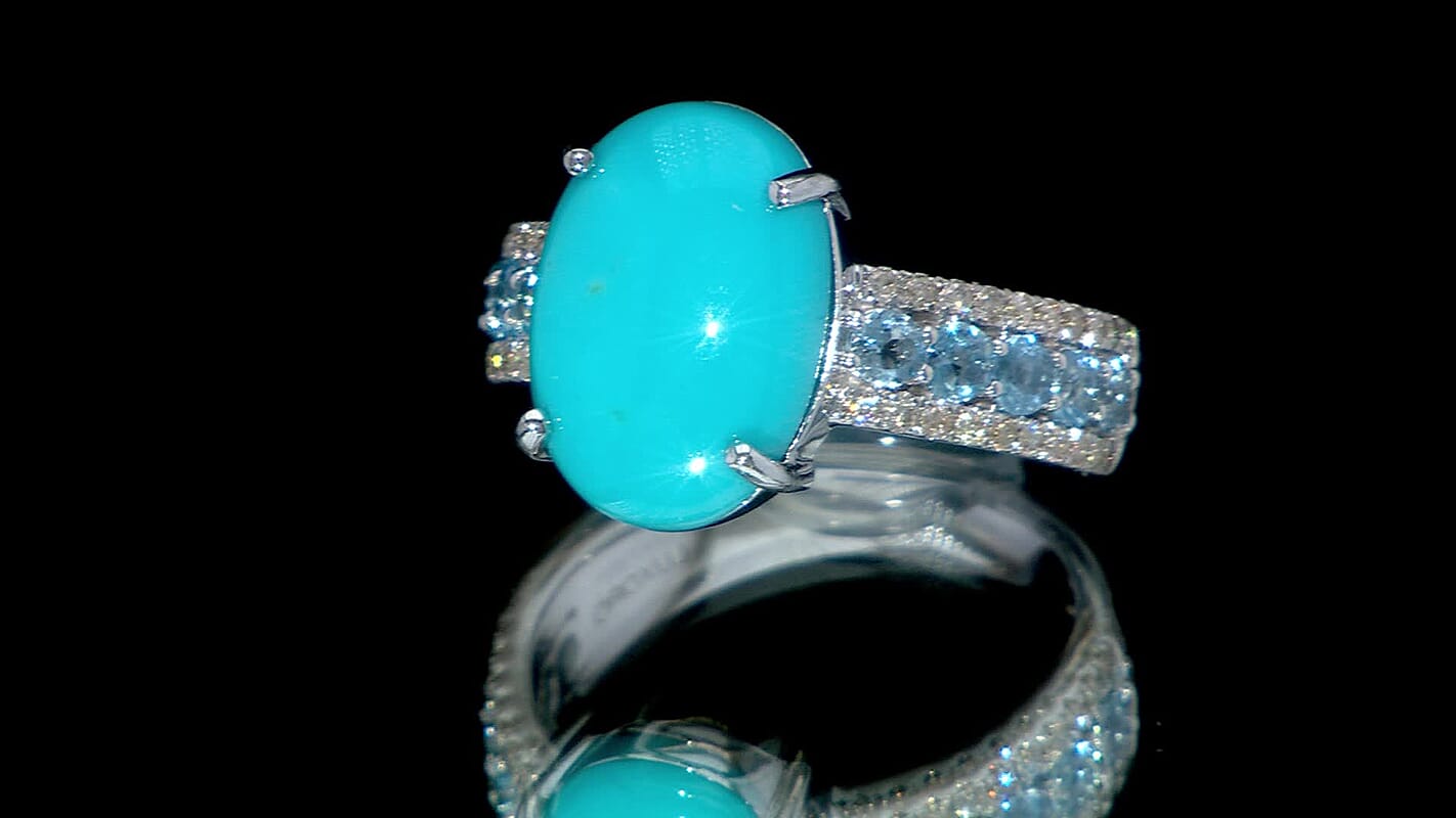 Doorbuster Certified & Appraised Luxoro 10K White Gold AAA Sleeping Beauty Turquoise, Santa Maria Aquamarine, Diamond (G-H, I2) (0.24 cts) Ring (Size 10.0) (5.05 g) 5.35 ctw