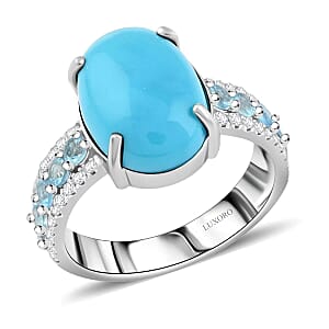 Certified & Appraised Luxoro AAA Sleeping Beauty Turquoise, Santa Maria Aquamarine and Diamond 5.35 ctw G-H I2 Ring in 10K White Gold (Size 5.0) 5.05 Grams