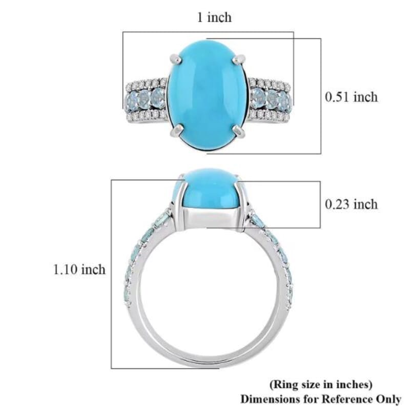 Certified and Appraised Luxoro AAA Sleeping Beauty Turquoise, Aquamarine, Diamond Ring in 10K White Gold 5.35 ctw (Size 4.0)