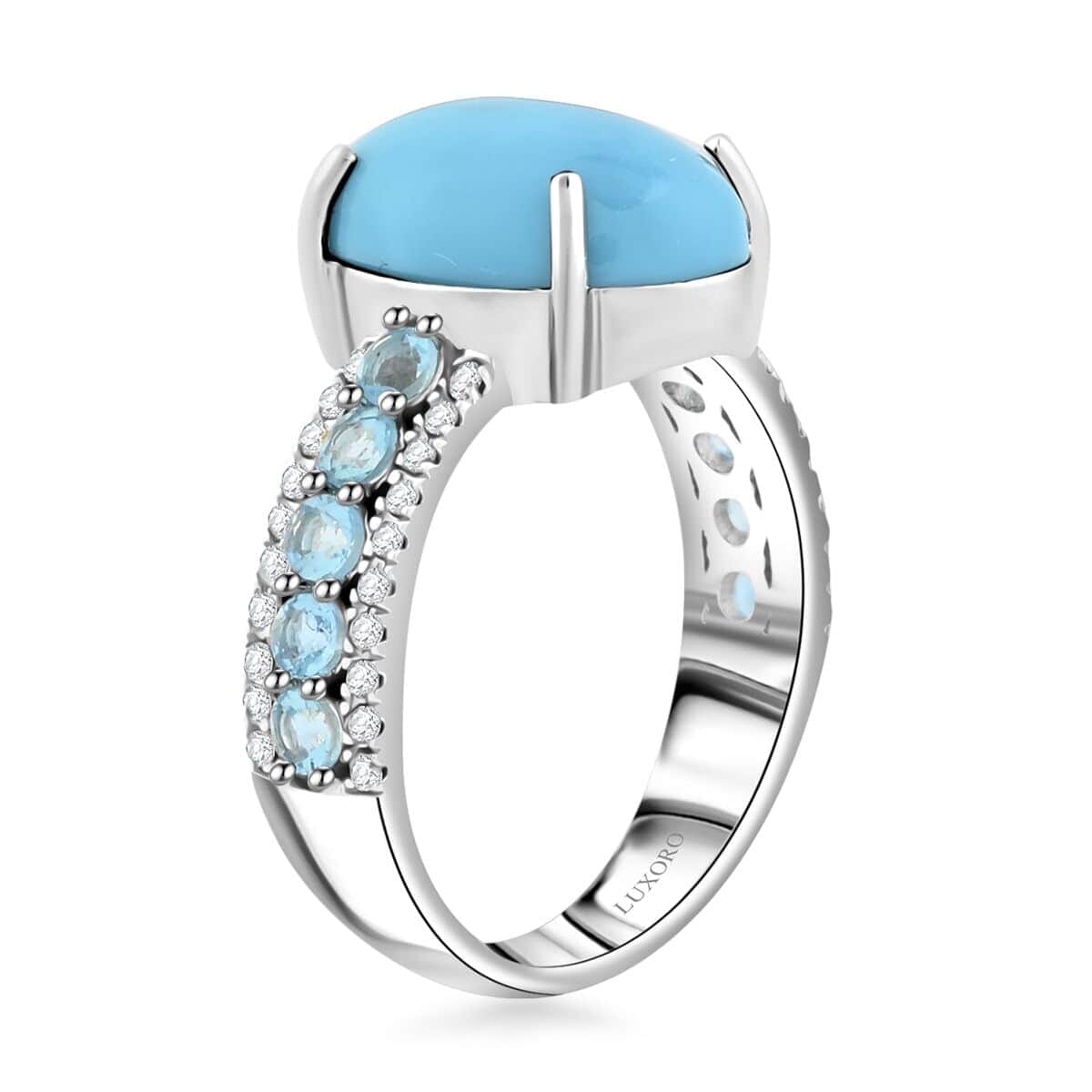 Certified & Appraised Luxoro AAA Sleeping Beauty Turquoise, Santa Maria Aquamarine and Diamond 5.35 ctw G-H I2 Ring in 10K White Gold (Size 7.5) 5.05 Grams image number 3