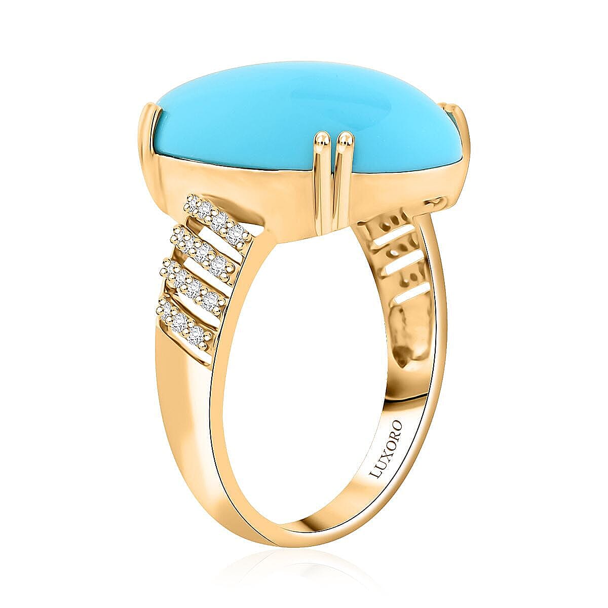 Certified & Appraised Luxoro AAA Sleeping Beauty Turquoise and G-H I2 Diamond 12.85 ctw Ring in 10K Yellow Gold (Size 7.5) 4.50 Grams image number 3