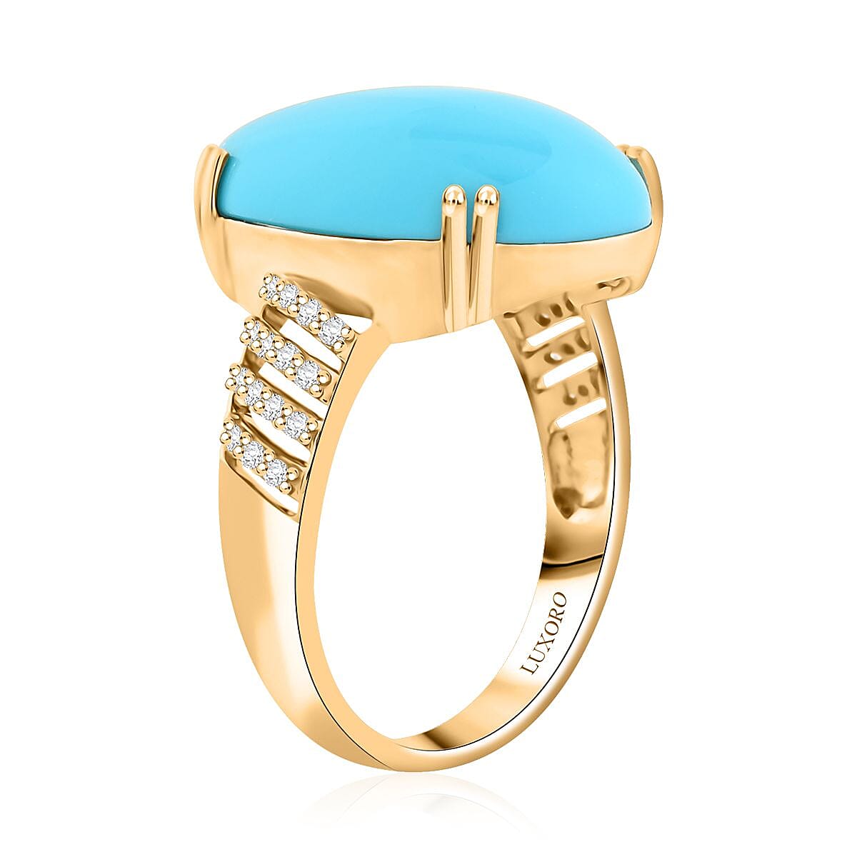 Certified & Appraised Luxoro AAA Sleeping Beauty Turquoise and G-H I2 Diamond 12.85 ctw Ring in 10K Yellow Gold (Size 8.0) 4.50 Grams image number 3