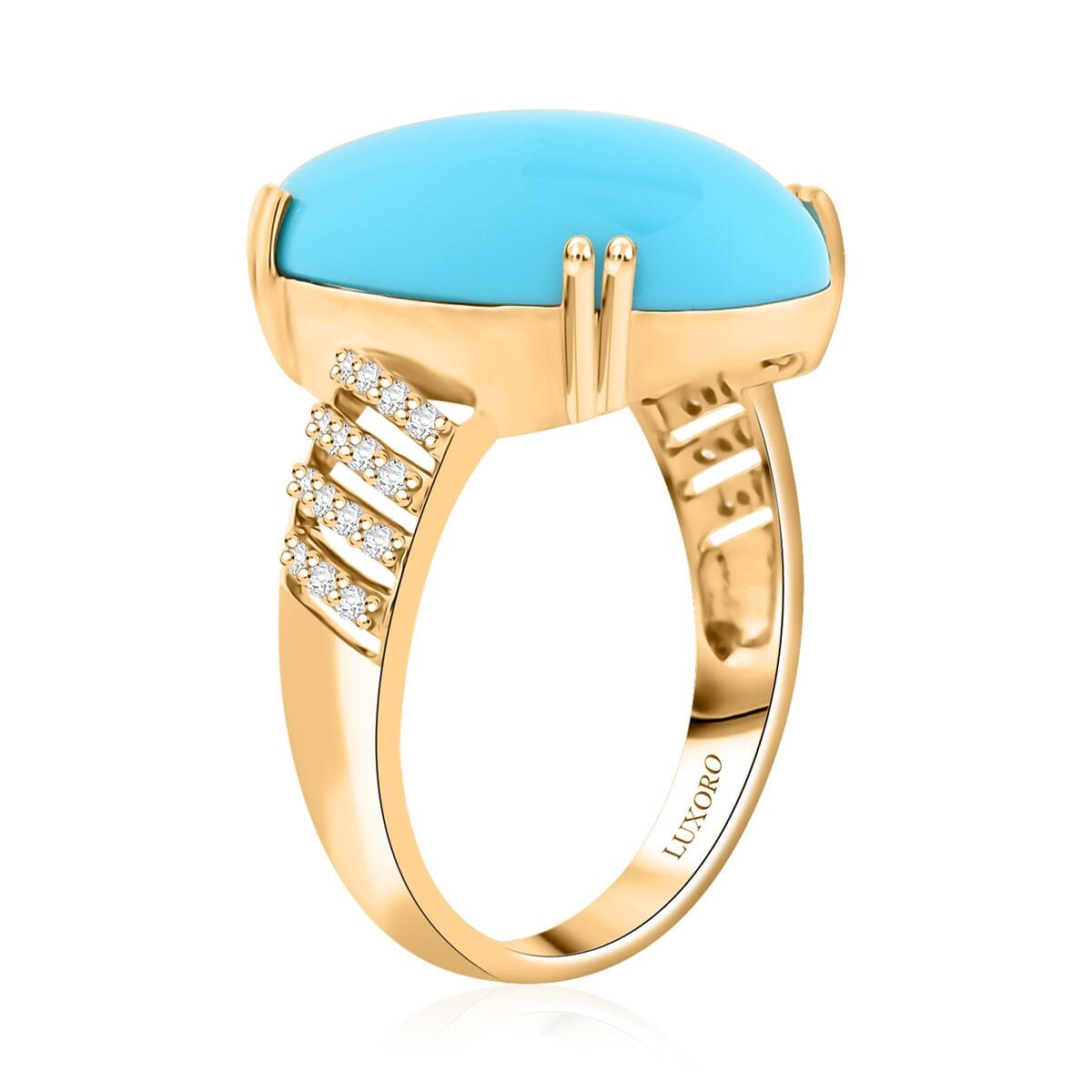 Certified & Appraised Luxoro AAA Sleeping Beauty Turquoise and G-H I2 Diamond 12.85 ctw Ring in 10K Yellow Gold (Size 9.0) 4.50 Grams image number 3