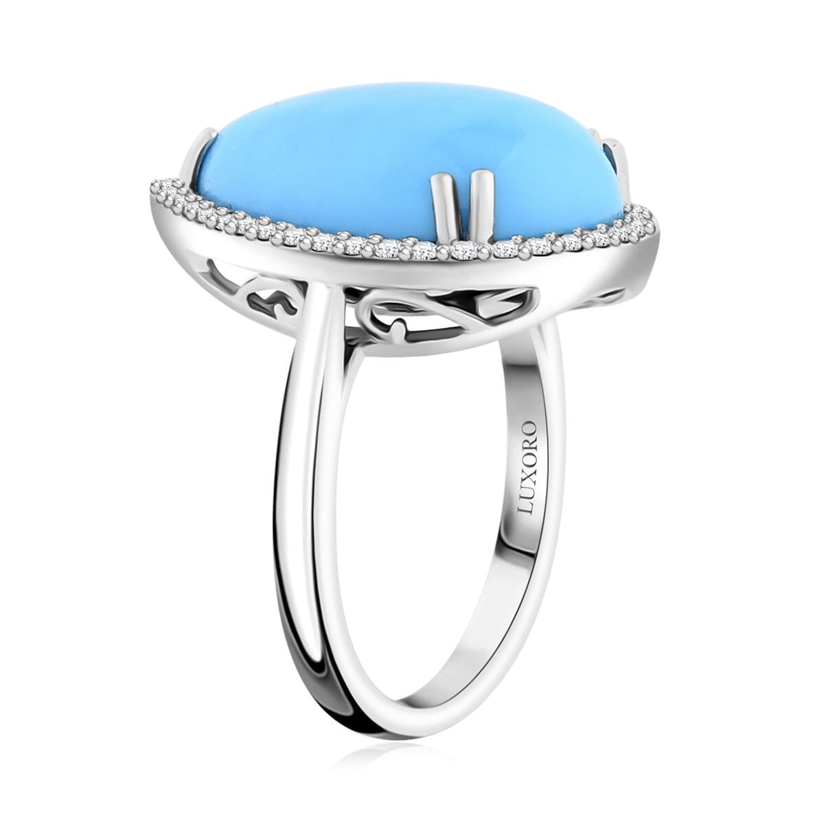 Certified & Appraised Luxoro AAA Sleeping Beauty Turquoise and G-H I2 Diamond 8.35 ctw Ring in 10K White Gold (Size 7.0) 4.40 Grams image number 3