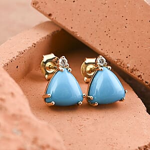 Certified & Appraised Luxoro 10K Yellow Gold AAA Sleeping Beauty Turquoise, Diamond (G-H, I2) Earrings 3.50 ctw