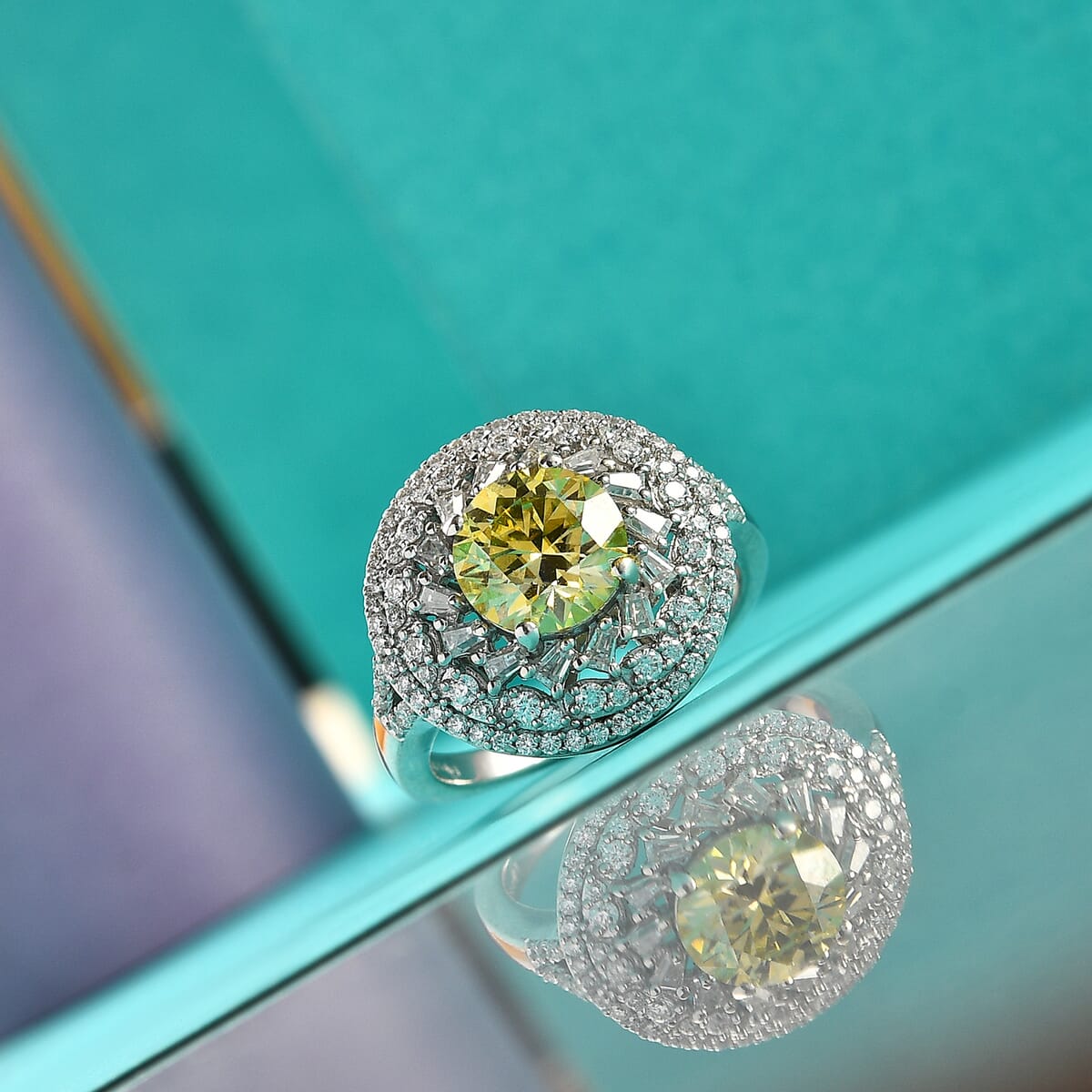 Yellow Moissanite and Moissanite 3.25 ctw Cocktail Ring in Rhodium Over Sterling Silver (Size 6.0) image number 1