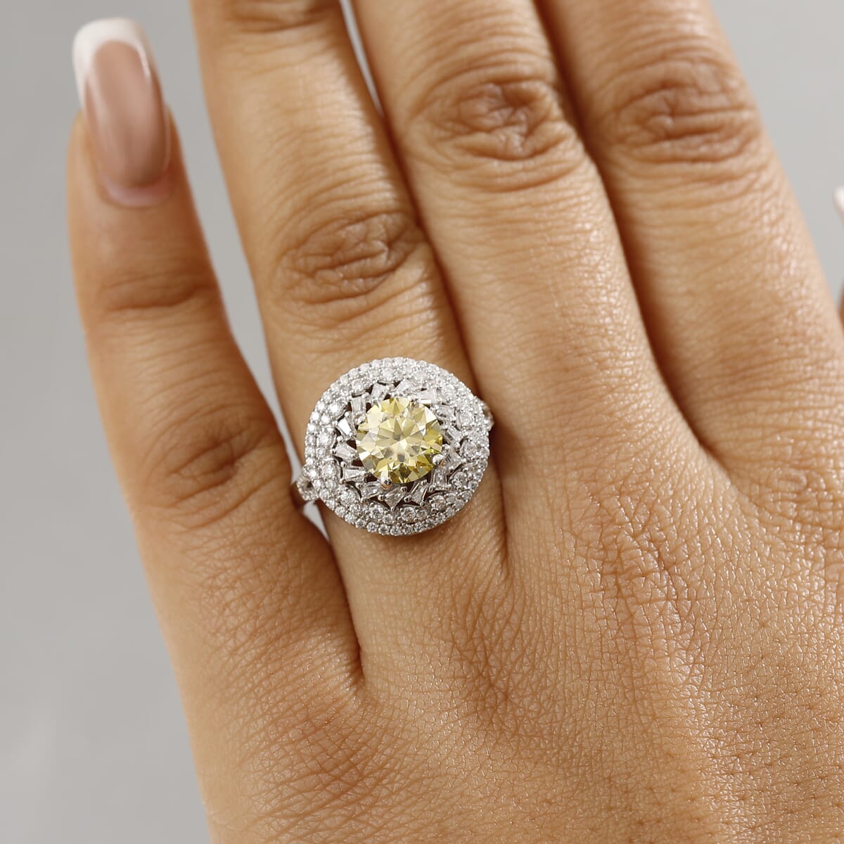 Yellow Moissanite and Moissanite 3.25 ctw Cocktail Ring in Rhodium Over Sterling Silver (Size 6.0) image number 2