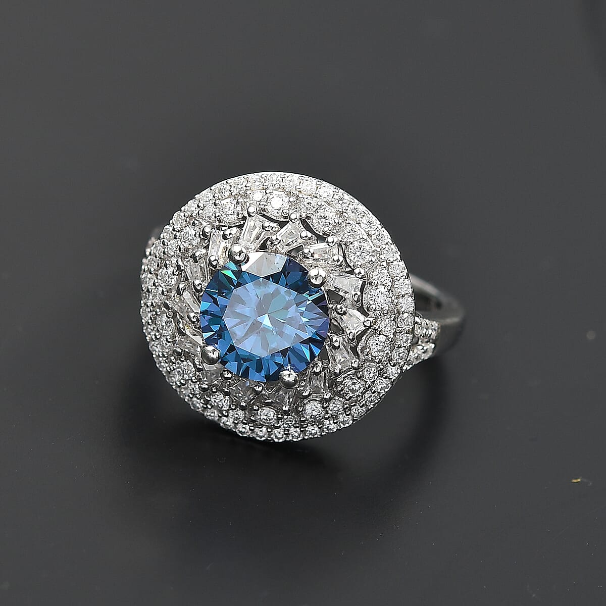 D'Joy Blue Moissanite and Moissanite 3.40 ctw Spiral Galaxy Ring in Rhodium Over Sterling Silver (Size 8.0) image number 1