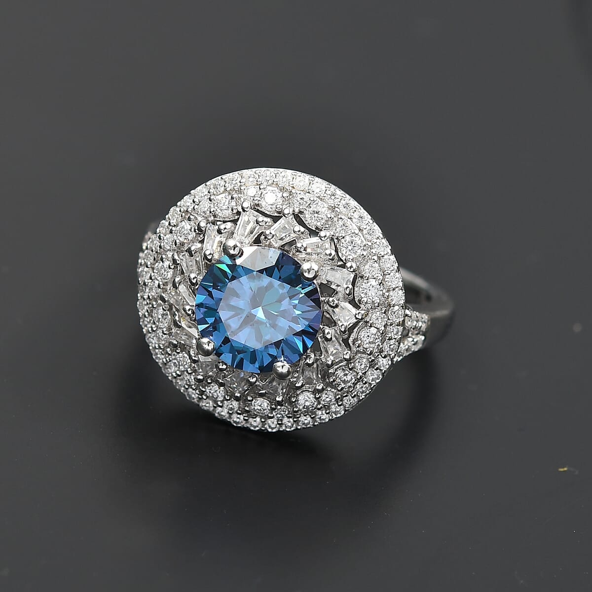 Blue Moissanite and Moissanite 3.40 ctw Cocktail Ring in Rhodium Over Sterling Silver (Size 9.0) image number 1