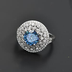 D'Joy Blue Moissanite and Moissanite 3.40 ctw Spiral Galaxy Ring in Rhodium Over Sterling Silver (Size 9.0)