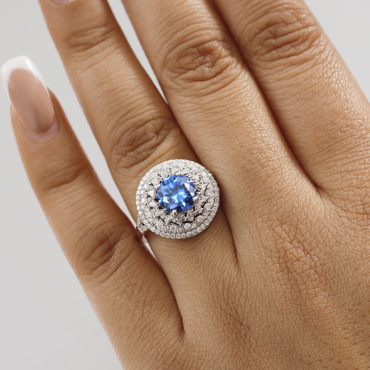 Blue Moissanite and Moissanite 3.40 ctw Cocktail Ring in Rhodium Over Sterling Silver (Size 9.0) image number 2