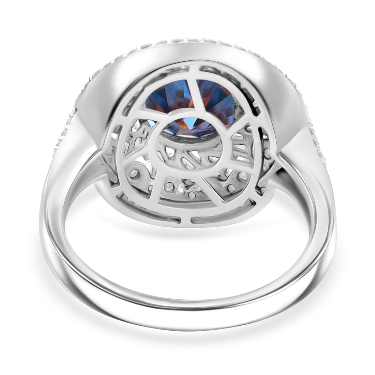 Blue Moissanite and Moissanite 3.40 ctw Cocktail Ring in Rhodium Over Sterling Silver (Size 9.0) image number 4