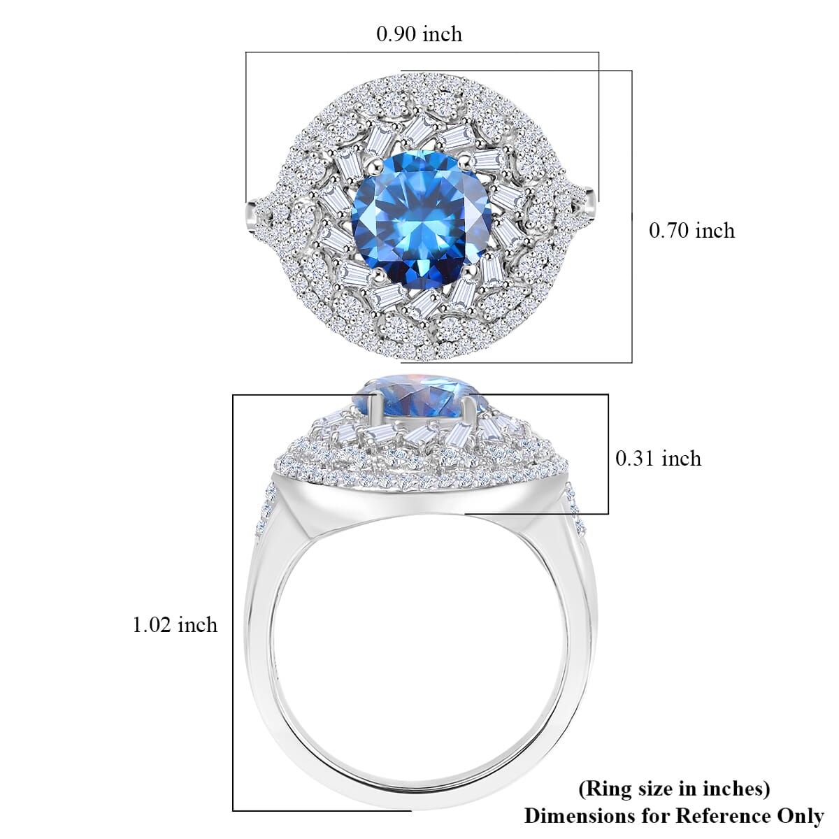 Blue Moissanite and Moissanite 3.40 ctw Cocktail Ring in Rhodium Over Sterling Silver (Size 9.0) image number 5