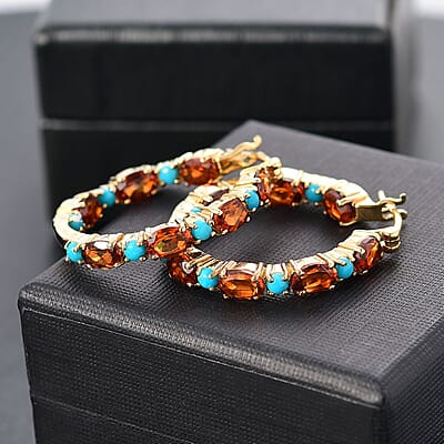 D'Joy Premium Sleeping Beauty Turquoise and Santa Ana Madeira Citrine 7.35 ctw Inside-Out Hoop Earrings in 18K Vermeil Yellow Gold Over Sterling Silver
