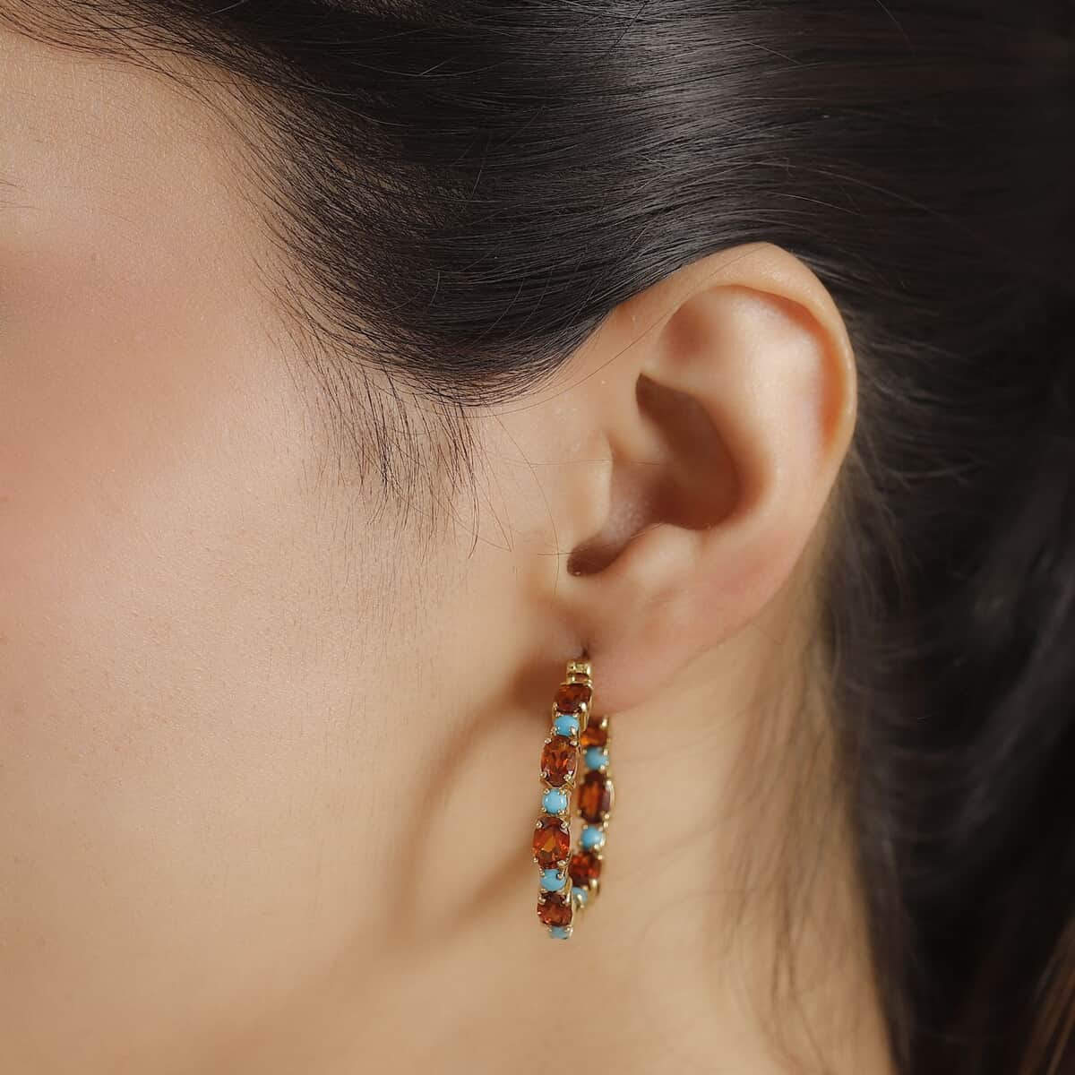 Premium Sleeping Beauty Turquoise and Santa Ana Madeira Citrine 7.35 ctw Inside-Out Hoop Earrings in 18K Vermeil Yellow Gold Over Sterling Silver image number 2