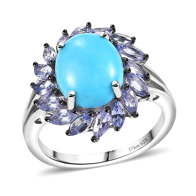D'Joy Sleeping Beauty Turquoise and Tanzanite 3.90 ctw Cocktail Ring in Rhodium Over Sterling Silver (Size 10.0) (Del. in 8-10 Days)