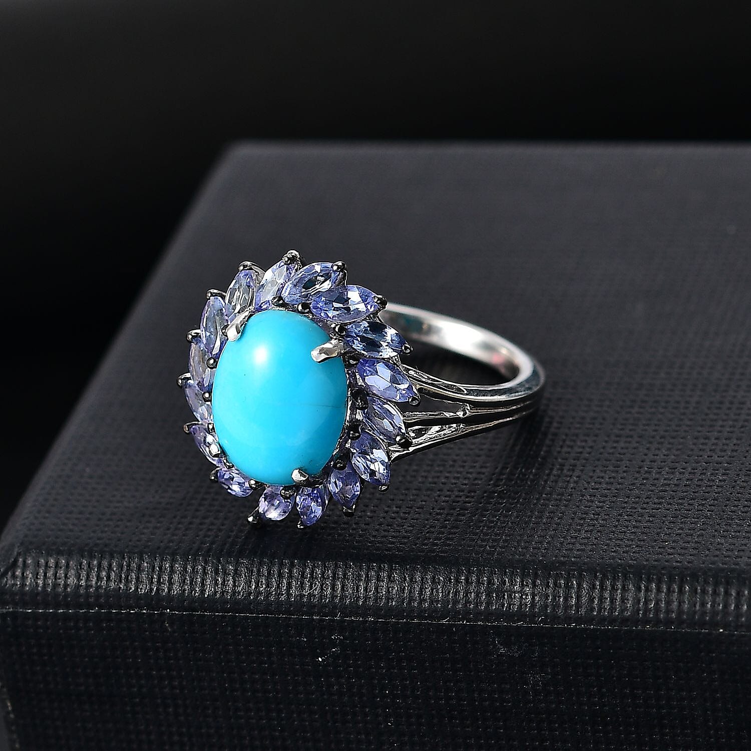 D'Joy Sleeping Beauty Turquoise and Tanzanite 3.90 ctw Cocktail Ring in Rhodium Over Sterling Silver (Size 10.0) (Del. in 8-10 Days)