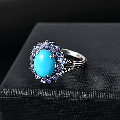 D'Joy Sleeping Beauty Turquoise and Tanzanite 3.90 ctw Cocktail Ring in Rhodium Over Sterling Silver (Size 10.0) (Del. in 8-10 Days)