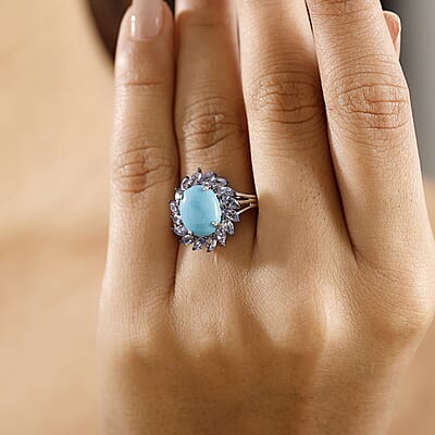 D'Joy Sleeping Beauty Turquoise and Tanzanite 3.90 ctw Cocktail Ring in Rhodium Over Sterling Silver (Size 10.0) (Del. in 8-10 Days)