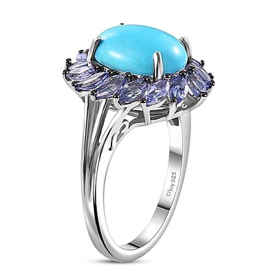 D'Joy Sleeping Beauty Turquoise and Tanzanite 3.90 ctw Cocktail Ring in Rhodium Over Sterling Silver (Size 10.0) (Del. in 8-10 Days)